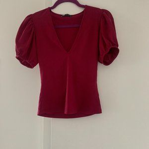 Zara V neck dark magenta top with balloon short sleeves